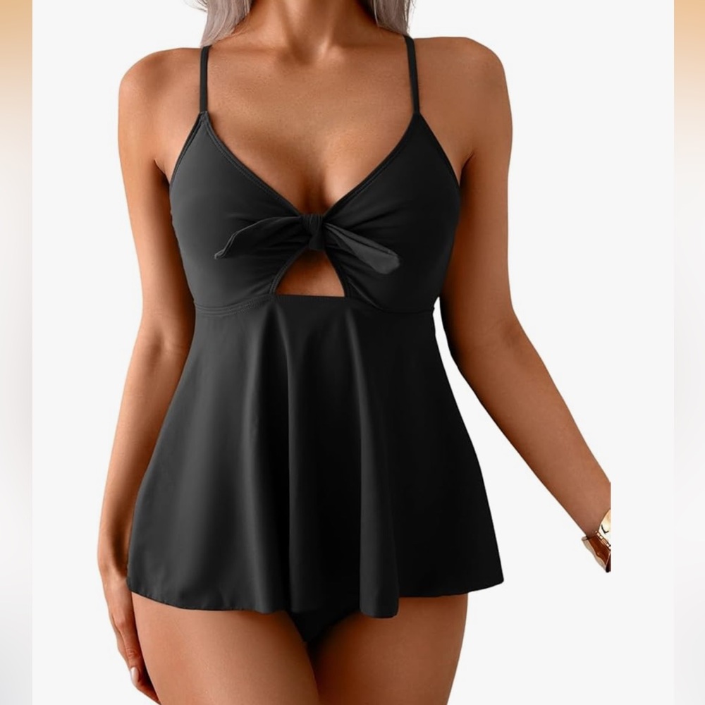Black Tie-Front Tankini Swim Top - Women